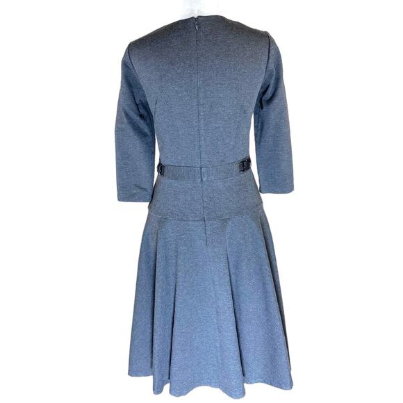 Ann Taylor Fit Flare Dress 2 Gray 3/4 length sleeve ponte stretch leather detail - Picture 3 of 13